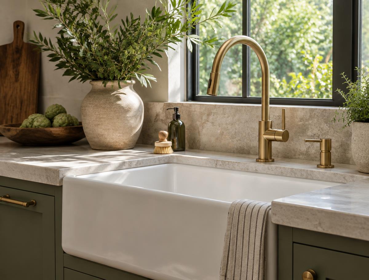 Illustrative contemporary kitchen sink and brass faucet